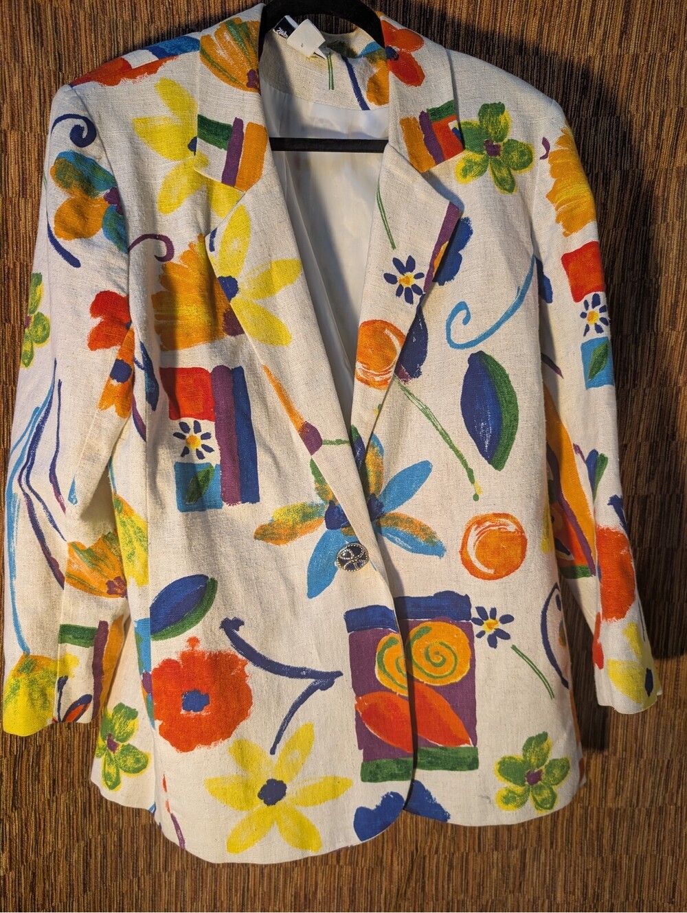 Stephanie Thomas Sport Women's Blazer Size 12 Colorful Floral Print Cotton Linen